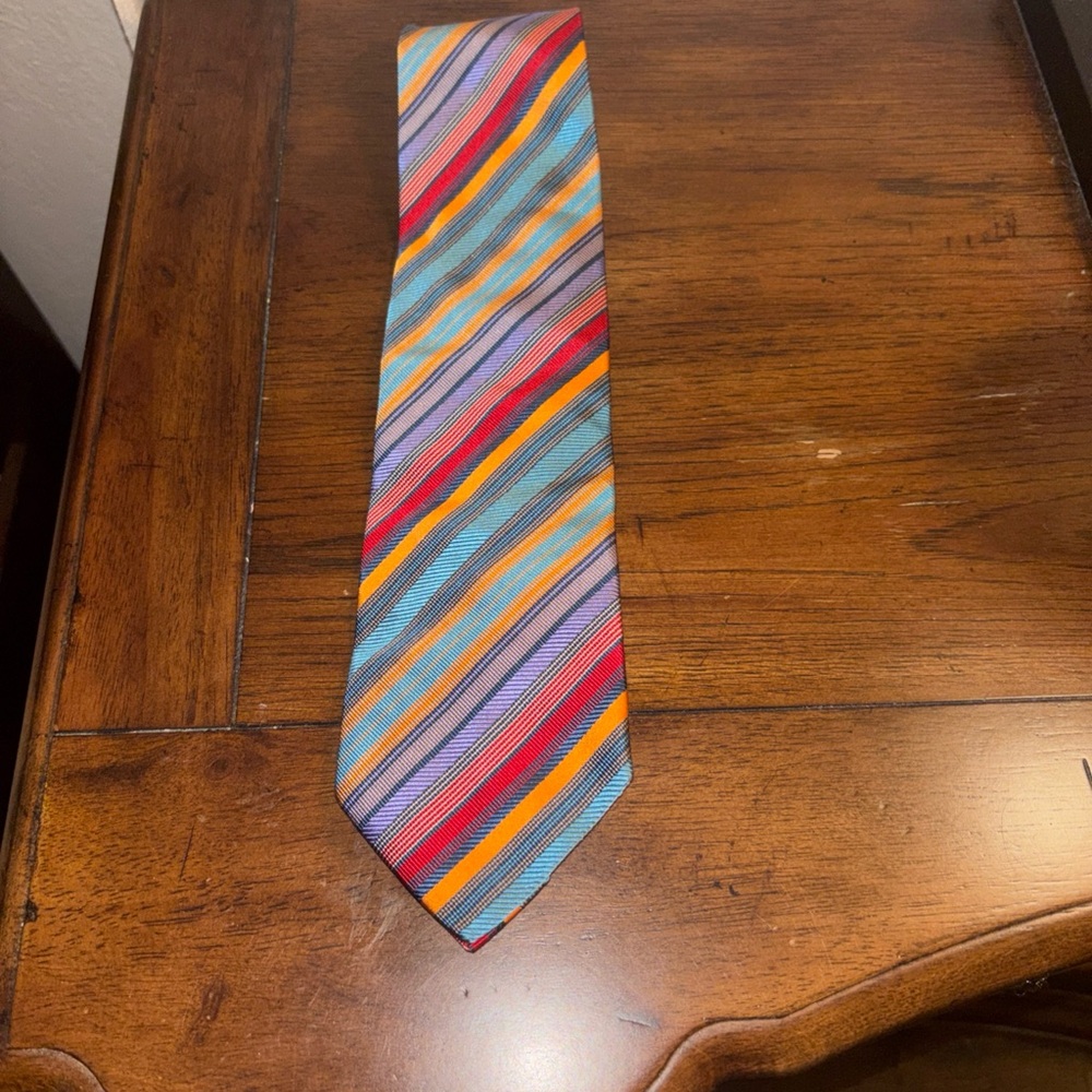 Etro Multicolor Diagonal Stripe Silk Tie in Blue, Orange & Red